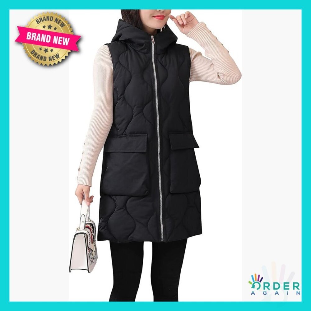 Quilted Puffer Vest Hooded Zip Up Loose Fit Sleeveless Outerwear Waistcoat